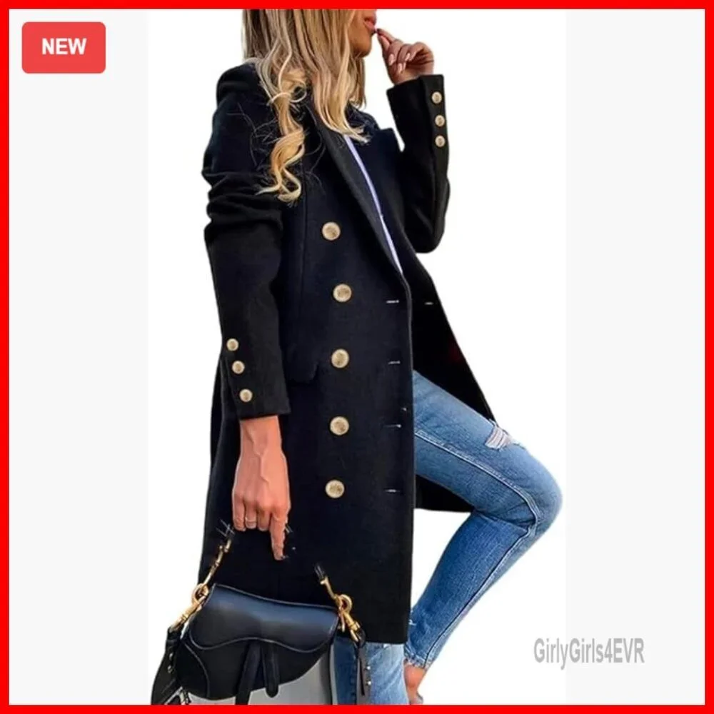 Wool Pea Coat Double Breasted Midi Trench Coat Fall Winter Slim Fit - Picture 1 of 5